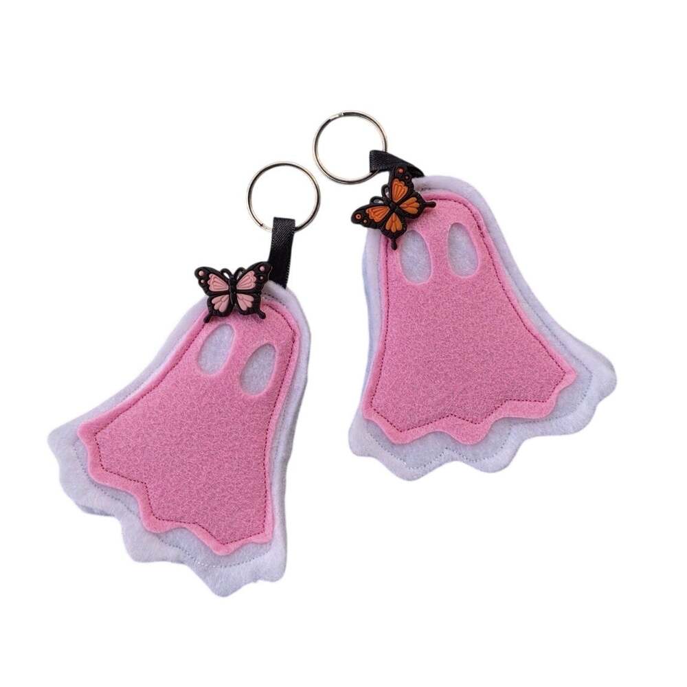 Pink Felt Ghost Keychains with butterfly bow / Purse Charms / set of 2